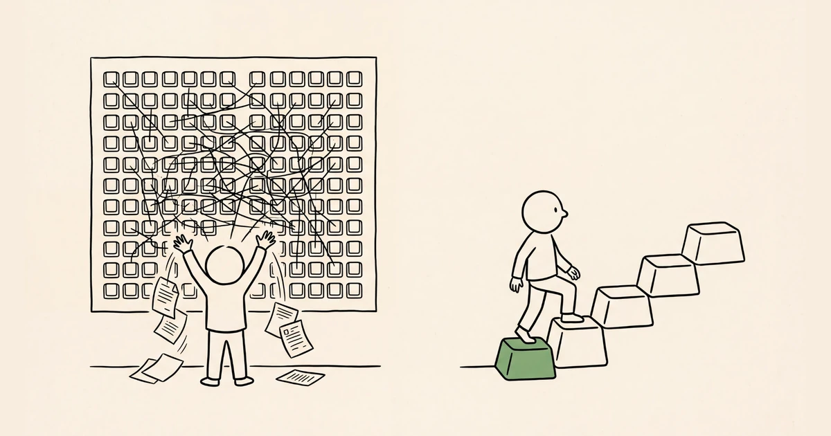 Illustration i två fält: till vänster en hand som klickar sig igenom en rörig meny med musen, till höger samma hand som trycker en enda tangentkombination.