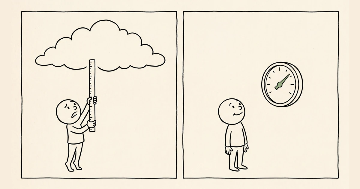 Split-panel-illustration: till vänster en person som förgäves försöker mäta ett moln med en linjal, till höger samma person som lugnt läser av en enkel mätare på väggen med grön visare